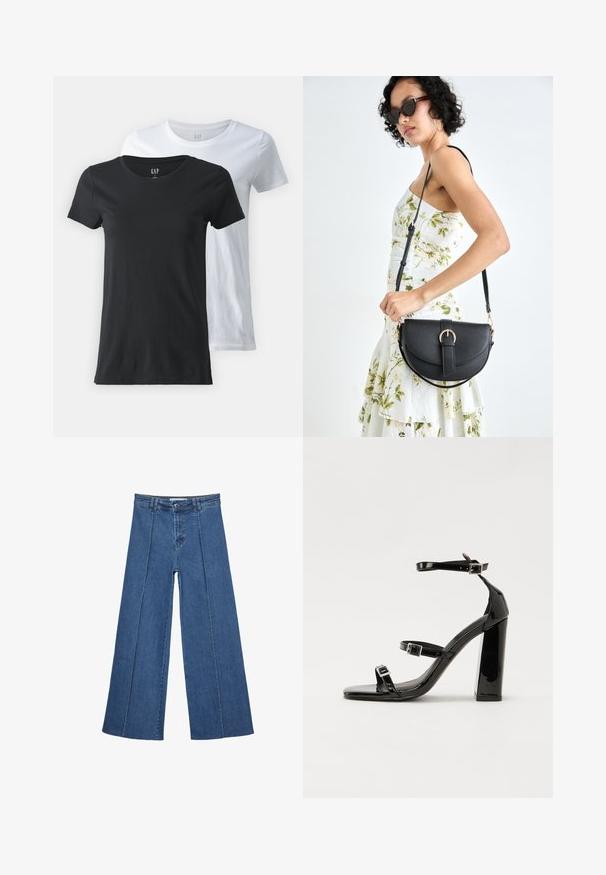 Dve majice s krojem okruglog izreza, ena crna in ena bela, narejene iz bombažne tkanine. Kratki rokavi, gladka tekstura in standardna prilegajoča se velikost.; Jeans širokih nogavic v srednji modri barvi, z visokim pasom, gumbom in kontrastnimi navpičnimi šivi spredaj.; Črne lakirane sandale s peto, kvadratnim prstom, trakovi okrog gležnja in srebrnimi zaponkami. Opremljene so s stabilno Debelo peto.; Črna usnjena torbica s ukrivljeno obliko, z odstranljivo naramnico in zlatimi dodatki. Torbica ima pokrov s podrobnostmi v obliki zaponke.