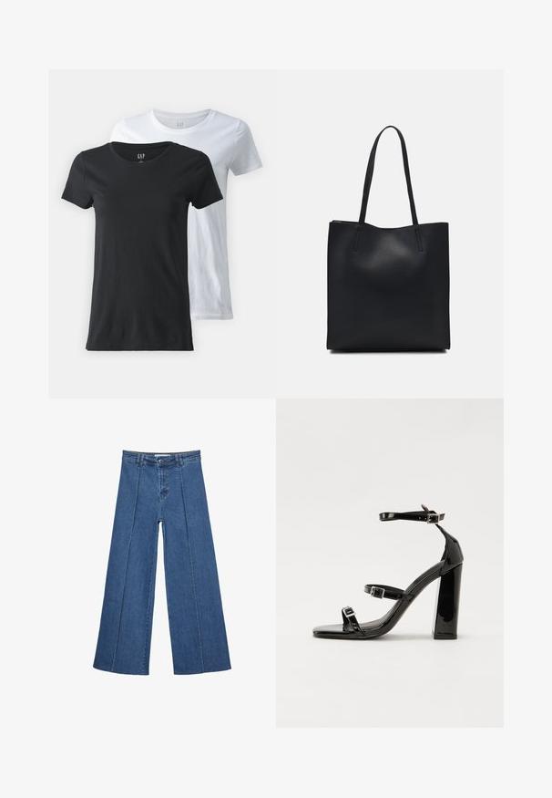 To stk. crew-neck t-shirts, en sort og en hvid, lavet af bomuldsstof. Korte ærmer, glat tekstur og standard pasform.; Bredde ben denim jeans i mellemblå, med høj talje, knaplukning og kontrasterende lodrette sømdetaljer foran.; Sorte patenterede hælsandaler med firkantet tå, ankelremme og sølvspænder. Har en chunky blokHæl for stabilitet.; Sort læder tote taske med glat tekstur, rektangulær form og to lange hanke. Ingen synlig hardware eller udsmykninger.