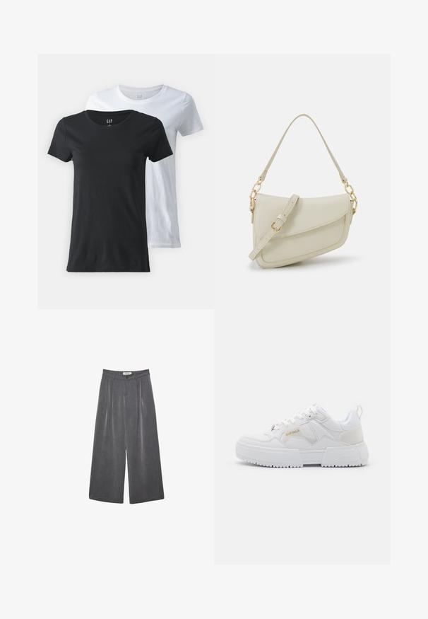 Två crew-neck t-shirts, en svart och en vit, tillverkade av bomull. Kortsleeves, slät textur och standard passform.; Fållade vida byxor i en mörkgrå tyg med en subtil textur. Har en knappstängning och en klassisk midje-design.; Vita sneakers med en kraftig design, i läder och syntetiska material, med texturerade detaljer, snörning och en framträdande logotyp i guld.; Liten gräddfärgad handväska med en strukturerad finish, en lång justerbar rem, en kedjedetalj och en klaffstängning. Guldfärgad hårdvara.; Silver snurrad örhänge design med lätta kurvor, prydd med små klara rhinestones längs ytan. Studbacking för säker användning.