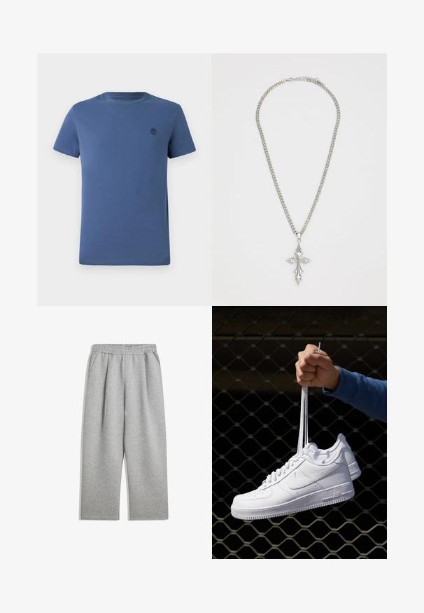 Kék, környakú póló, amely pamutból készült, rövid ujjakkal és egy kicsi, sötét fával készült logóval a bal mellecskén.; Világosszürke melegítőnadrág, elasztikus derékkal és oldalsó zsebekkel, egyenes lábú fazonban, puha anyagból készült.; Fehér bőr sportcipők perforációval, kerek orral, lapos talppal és vastag fűzőkkel, látható swoosh logóval és "AIR" felirattal a sarokrészen.; Ezüst lánc nyaklánc, amelyben egy nagy, díszes keresztmedál található éles kiemelésekkel és fényes felülettel. A lánc vastag és lapos.