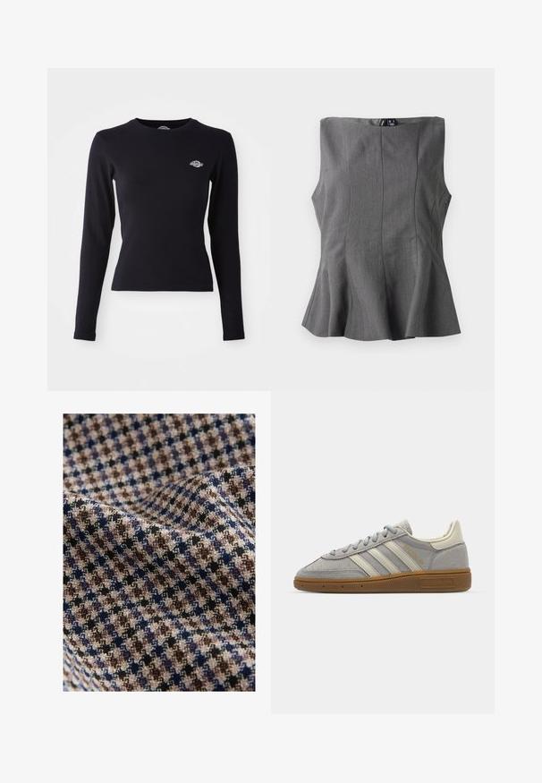 Černý dlouhý rukáv top vyrobený z lehkého bavlněného materiálu, s kulatým výstřihem a malým vyšívaným logem na levé straně hrudi.; Šedý peplum top se strukturovaným bezrukávovým designem. Vyrobený z hladké tkaniny, s vertikálními švy a rovnoměrným výstřihem.; Textilie v kostkovaném vzoru zahrnující béžové, hnědé, námořnické a černé barvy s texturovaným povrchem. Měkký a splývavý vzhled.; Šedé semišové tenisky se světle šedými koženými pruhy a gumovou podrážkou. Vybavení zahrnuje šněrování a decentní branding na jazyku.