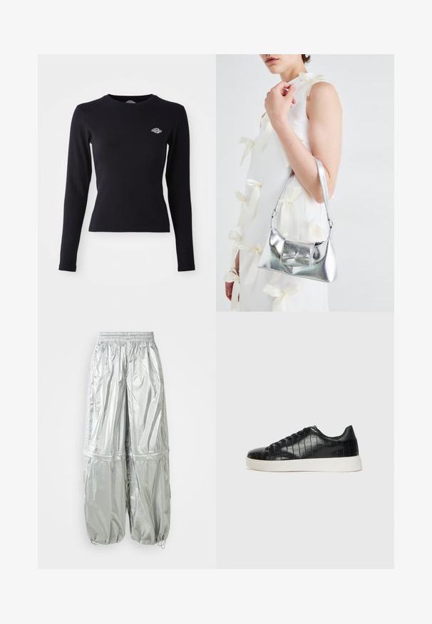 Schwarzes langärmliges Oberteil aus leichtem Baumwollstoff, mit rundem Ausschnitt und kleinem gesticktem Logo im linken Brustbereich.; Silberne leichte Cargo-Hose mit schimmernder Textur, elastischem Bund, gerafften Bündchen und zwei großen Fronttaschen.; Schwarze Sneakers mit einer strukturierten, krokodilPrägung aus Leder, runder Zehenpartie und einer kontrastierenden weißen Gummisohle mit glatter Oberfläche.; Silberne metallische Handtasche mit strukturierter Form, ausgestattet mit einem oberen Griff und einer Schleifenapplikation auf der Vorderseite. Glatte Textur, reflektierendes Finish.