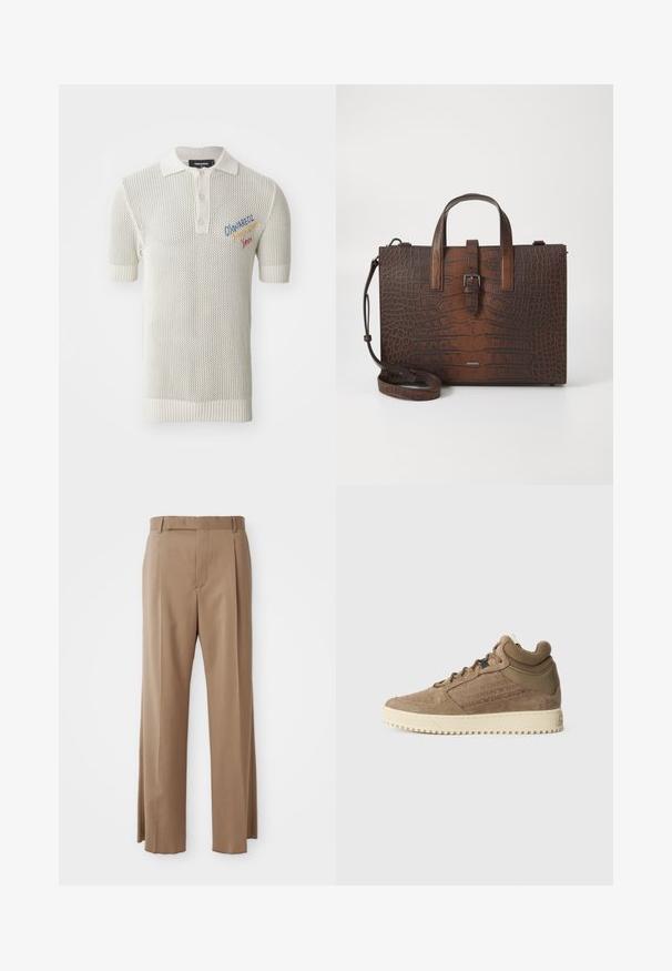 Kermanvärinen neulepolo paita lyhyillä hihoilla, jossa on ribattu kaulus, kolmen napin ykkönen ja värikkäitä brodeerattuja yksityiskohtia.; Vaaleanruskeat räätälöidyt housut, joissa on suorat lahkeet, vyölenkit, etusauma ja piilovetoketju, esillä litteänä valkoista taustaa vasten.; Ruskea mokkanahka korkea sneaker, jossa on kermaankeltainen kumipohja, pehmustettu kaulus ja tekstuuriset yksityiskohdat. Sivuilla on kohokuvioitu brändäys.; Ruskea krokotiilien kuviollinen nahkakäsilaukku, jossa on yläkahvat ja irrotettava olkahihna. Ominaisuuksiin kuuluu solkilukko ja suorakulmainen muoto.