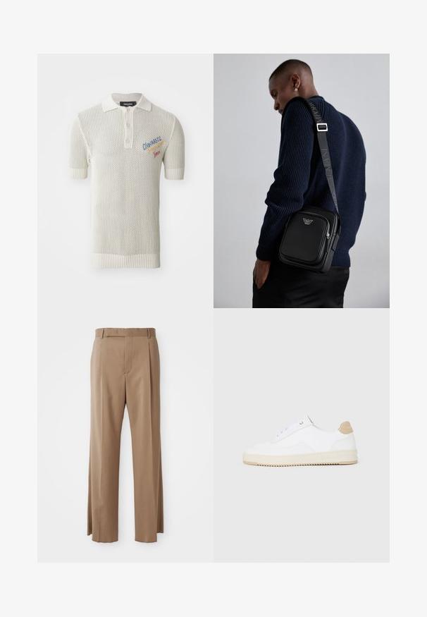 Krēmkrāsas adīts polo krekls ar īsām piedurknēm, ar ribotu apkakli, trīs pogu aizdari un krāsainiem izšūtiem dekorācijām.; Gai brūni pielāgoti bikses ar taisnām kājām, jostu cilpām, priekšējo šuvi un slēptu aizdari, izvietoti uz baltas virsmas.; Baltās zemas kedas ar faktūru ādas virsu, krēmkrāsas rievojamu zoli un brūnu pacēlumu uz papēža. Iekļauj baltas auklas un logo detaļu uz papēža.; Melnas ādas plecu soma ar rāvējslēdzēja nodalījumu, logotipa detaļām un markētu regulējamu siksnu. Valkāta kopā ar teksturētu tumši zilu džemperi.