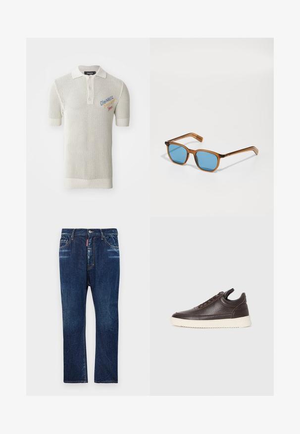 Crème-kleurige gebreide polo met korte mouwen, voorzien van een ribgebreide kraag, een drieknops sluiting en kleurrijke geborduurde details.; Donkerblauwe denim jeans met een rechte pasvorm, voorzien van lichte vervaging, gele stiksels, voorzakken en een knoopsluiting.; Donkerbruin gestructureerd leren sneaker met vetersluiting en een witte gegroefde rubberen zool tegen een effen lichte achtergrond.; Bruine zonnebril met een plastic montuur en blauwe lenzen, vierkante vorm, dunne veren, gestructureerde accenten op de slaapstukken en een gepolijste afwerking.