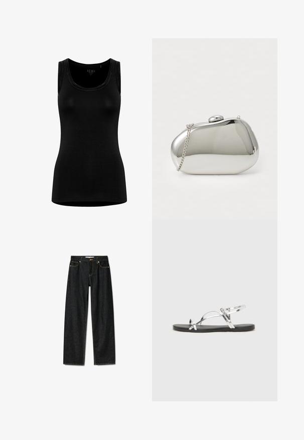 Musta, hihaton toppi, joka on valmistettu pehmeästä ja joustavasta kankaasta. Siinä on pyöreä kaula-aukko ja minimalistinen muotoilu ilman näkyvää brändäystä.; Tummat farkut suoran leikkauksen muotoilulla, messinkipainike sulkemiseen ja kontrastivärillä keltaisella ompelulla. Sisältää viisi taskua ja klassisen istuvuuden.; Hopeiset metallinhohtoiset sandaalit minimalistisella muotoilulla, joissa on ohuet hihnat ja musta tasapohja. Korostuksia tarjoavat ristikkäin menevät hihnat.; Hopeinen metallinen clutch, jossa on pyöristetty, sileä muoto. Varustettu lukitusmechanismilla ja irrotettavalla ketjuhihnalla. Heijastava pinta ilman kuvioita.; Hope hopea, jossa on sileä ja kiillotettu pinta. Pyöreä muoto, tasainen leveys, suunniteltu helppoa kiinnittämistä varten. Yksinkertainen ja elegantti.