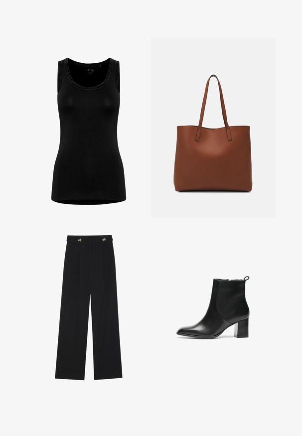 Must lineritükk, mis on valmistatud pehmest ja venivast kangast. Omab ümmargust kaelaauk ja minimalistlikku kujundust ilma nähtava brändimiseta.; Mustad laiad püksid kõrge vöökoha ja nööpdetailidega vööandil, esikortsudega.; Mustmust musta kingad ümarate varvastega, keskmise kõrgusega blokk-kontsa ja tagaküljel tõmbetoru. Sile tekstuur, minimaalne disain.; Pruun nahast tote-kott, millel on sile tekstuur, avatud ülaosa disain ja kaks õlarihma. Omab minimaalset õmblust ja nähtavat riistvara ei ole.