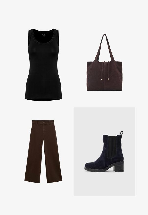 Top girocollo nero senza maniche realizzato in un tessuto morbido e elastico. Presenta un design minimalista senza marchi visibili.; Pantaloni larghi marroni in misto cotone, caratterizzati da orlo sfrangiato, chiusura frontale con bottone e classico design a cinque tasche. Minimalisti e versatili.; Stivaletti alla caviglia in camoscio blu navy con pannello elastico laterale, punta tonda e tacco a blocco. Il tessuto testurizzato e la suola liscia aggiungono contrasto.; Mango Shopping bag - dark brown