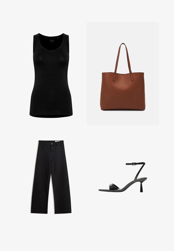 Zwarte mouwloze tanktop gemaakt van zachte, rekbare stof. Kenmerken een ronde halslijn en een minimalistisch ontwerp zonder zichtbare branding.; Zwarte denim broek met wijde pijpen en een hoge taille, voorzien van voor- en achterzakken, gestikte naden en een knoopsluiting. Gladde textuur.; Bershka Sandalen met hoge hak - black; Bruine leren tote bag met een gladde textuur, een ontwerp met een open bovenkant en twee schouderbanden. Kenmerkt zich door minimale stiksels en geen zichtbare hardware.