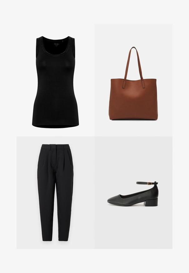 Czarny bezrękawnik wykonany z miękkiego, elastycznego materiału. Posiada okrągły dekolt oraz minimalistyczny design bez widocznych logo.; Czarne spodnie o prostym kroju, z plisami z przodu, gładką fakturą i kieszeniami bocznymi. Pas jest standardowej wysokości.; Czarne skórzane szpilki z ostrym noskiem i niskim słupkowym obcasem. Wyposażone w pasek na kostkę z złotym zapięciem. Gładka tekstura.; Brązowa skórzana torba tote o gładkiej fakturze, z otwartym wierzchem i dwoma ramiączkami. Charakteryzuje się minimalnym przeszyciem i brakiem widocznych elementów metalowych.