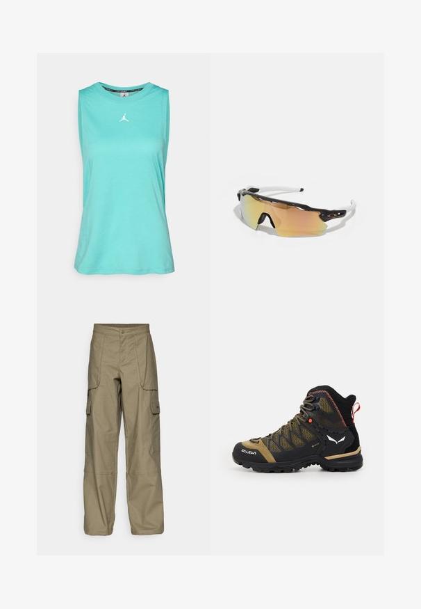 Brezrokavni, turkizni top iz gladkega materiala ima okroglo izrezano ovratnik in bel logotip na sredini prsnega dela.; Cargo hlače v olivno zeleni tkanini, z ohlapnim krojem, več stranskimi žepi in gumbom za zapiranje v pasu. Gladka tekstura.; Pohodne čevlje srednje višine v črni in olivno zeleni barvi, z mrežastim zgornjim delom, gumijastim podplatom in teksturiranimi detajli ter zanko na zadnjem delu.; Sončne očala z okvirjem v črno-belih tonih, velikimi zrcalnimi lečami v zlatih in rožnatih odtenkih, aerodinamično zasnovo in podaljšanim zunanjim robom.