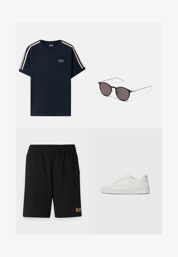 T-shirt de algodão azul marinho com gola redonda, mangas curtas e riscas brancas nos ombros, com um pequeno logótipo no peito.; Calções desportivos pretos feitos de um tecido suave, com um cós elástico e um pequeno logótipo amarelo EA7 na parte inferior da perna esquerda.; Sapatilha de couro branco com acabamento suave, bico redondo, atacadores planos e uma sola texturizada. Apresenta um logotipo discreto no calcanhar.; Óculos de sol redondos pretos com lentes escuras e hastes metálicas finas. Inclui pontas de templo transparentes e detalhes em prata na dobradiça. Design minimalista.