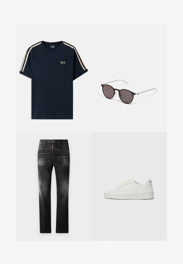Tums traipu zils kokvilnas T-krekls ar apaļu kaklu, īsām piedurknēm un baltiem svītrainiem plecu daļās, ar mazu logotipu uz krūtīm.; Melni džinsi no denima ar taisnu piegriezumu. Iespējas ietver izbalējušas vietas, nelielas nodiluma pazīmes, klasisko piecu kabatu dizainu un pogu aizdari.; Baltas ādas sneakers ar gludu virsmu, apaļu pirkstu daļu, plakaniem šņorēm un teksturētu zoli. Satur diskrētu logotipu uz papēža.; Melni apaļi saulesbrilles ar tumšiem lēca un plānām metāla stangām. Iekļautas caurspīdīgas tempļu galviņas un sudraba akcenti pie eņģes. Minimalistisks dizains.