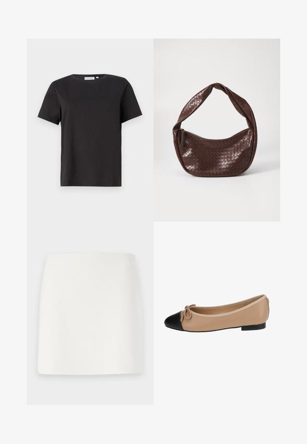 Camiseta de algodón negra con mangas cortas, un escote redondo y un diseño simple y limpio. Sin patrones o adornos visibles.; Minifalda blanca ajustada con una textura suave y líneas limpias. Sin patrones ni herrajes visibles. Dobladillo recto en la parte inferior.; Bailarinas de cuero beige con punta negra. Presentan un detalle de lazo en la parte delantera y una textura suave. Diseño de perfil bajo con suela de goma.; Bolso de cuero trenzado marrón con un asa curva y anudada, y un cierre con cremallera. Textura suave y forma redondeada.
