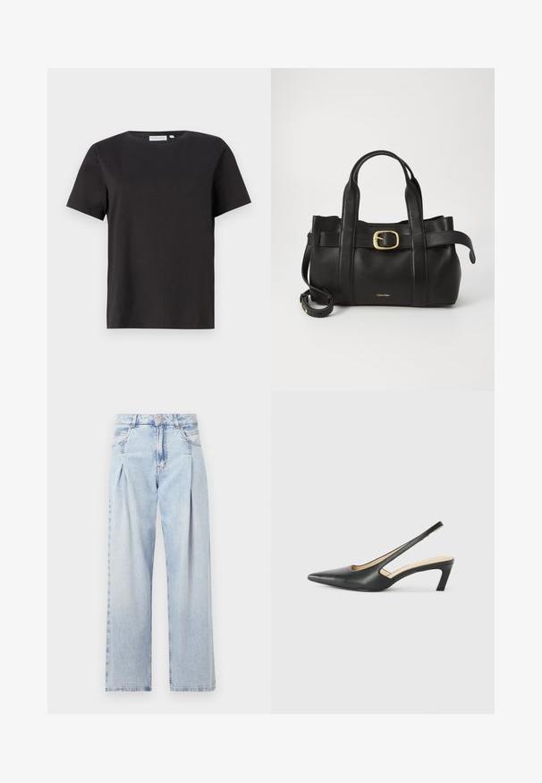 Maglietta nera in cotone a maniche corte, con scollatura a girocollo e un design semplice e pulito. Nessun motivo o decorazione visibile.; Jeans in denim azzurro chiaro con vita alta, taglio a gamba larga, due tasche laterali e design plissettato. Texture morbida con una finitura sbiadita.; Scarpa slingback nera con punta affilata e tacco basso, realizzata in pelle liscia e con un design a taglio laterale per favorire la traspirabilità.; Borsa a mano in pelle nera con un design strutturato, doppie maniglie superiori, accentuazione in metallo dorato e logo del marchio in rilievo sul davanti.