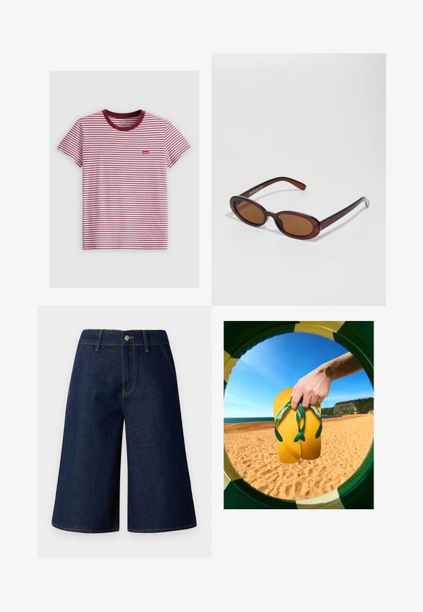 Rød- og hvidstribet T-shirt med korte ærmer, en mørkerød rund halsudskæring og et lille rødt Levi's-logo mærkat på venstre side. Fremstillet af bomuldsstof.; Denim culotter i mørkeblå med løstsiddende pasform. Har forlommer, knaplukning og kontrasterende gul syning langs sømmene.; Gule flip-flops med grønne stropper og teksturerede såler holdes af en hånd, set gennem en cirkulær ramme mod en strandbaggrund.; Runde, bruntonede solbriller med en glansfuld bordeauxramme. Slanke arme med diskret brandingdetalje. Flad linsedesign.