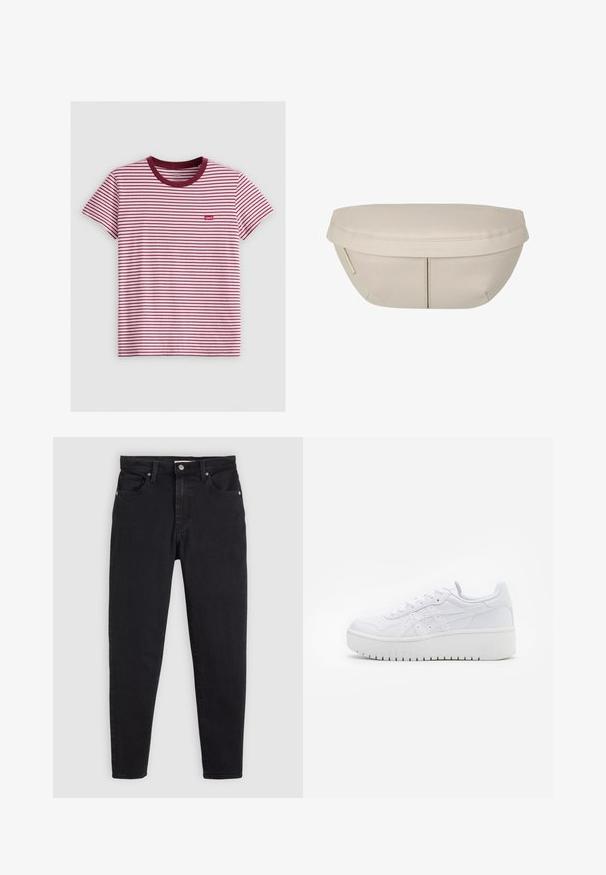 Camiseta de rayas rojas y blancas con mangas cortas, cuello redondo burdeos y una pequeña etiqueta de Levi's roja en el lado izquierdo. Material de algodón.; Vaqueros de mezclilla negra con un diseño ajustado, cinco bolsillos y herrajes en tono plateado. Cuenta con un cierre de botón y una textura suave.; Zapatillas de plataforma blancas con una textura de cuero suave, detalles perforados y cordones planos; cuentan con una suela de goma blanca gruesa.; Funda de tela beige con forma redondeada, que presenta una parte superior plana y detalles de costura sutiles. Incluye un logotipo minimalista y una correa lateral.
