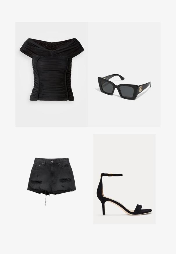 Černý top bez ramínek s řasením, který má úzký střih a texturovanou látku. Krátké rukávy a mírný lesk.; Černé džínsové šortky s třepenými okraji, stylovými skvrnami, předním zapínáním na knoflík a pěti kapsami. Klasický vysoký pas.; Lauren Ralph Lauren ALLIE MID HEEL SUEDE SANDAL - Páskové sandály - black; Černé sluneční brýle ve čtverečném tvaru s tmavými skly a lesklými černými stranami. Na boku se nachází zlatý kulatý akcent. Celkově mají hladkou texturu.