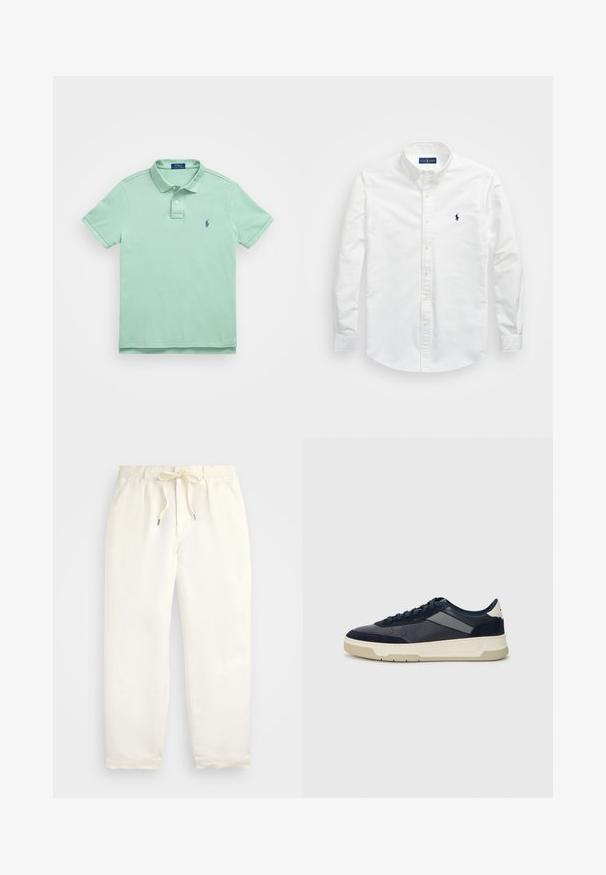 Polo Ralph Lauren THE ICONIC MESH POLO SHIRT
 - Poloskjorter - faded mint; Hvit skjorte med knapper laget av bomull. Har spiss krage, lange ermer og en liten marineblå logo på brystet. Glatt tekstur.; Lys kremfargede, casual bukser laget av mykt stoff. Har elastisk midjebånd med snøring, og en tapered ben-design.; BOSS BALTIMORE - Joggesko - open blue