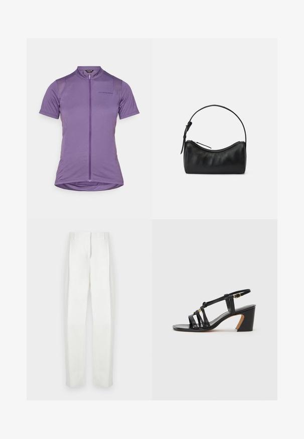 Koszulka kolarska z krótkim rękawem w kolorze fioletowym, z zamkiem błyskawicznym z przodu, subtelnym logo oraz lekkim, oddychającym materiałem o gładkiej teksturze.; Paul Smith - Spodnie materiałowe; Paul Smith AMIRA czarny; Czarna skórzana torba na ramię o zaokrąglonym kształcie, z zamkiem błyskawicznym i wąskim paskiem. Charakteryzuje się gładką fakturą i subtelnymi stębnowaniami.