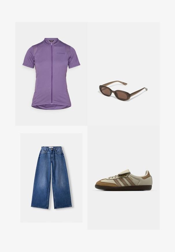 Maillot de cyclisme à manches courtes en violet, doté d'une fermeture éclair sur le devant, d'un logo discret et d'un tissu léger et respirant avec une texture lisse.; Bershka WIDE-LEG - Wide Leg - dark blue; Chaussure de sport marron et crème avec trois rayures beiges, en daim et cuir, à lacets et avec une semelle en caoutchouc. Logo textuel sur le côté.; Lunettes de soleil ovales marron avec des verres foncés. La monture est en matériau transparent marron et comporte un logo imprimé sur les branches.; Sac fourre-tout en suède marron avec deux anses, de forme rectangulaire spacieuse et au design minimaliste. Texture douce avec une finition lisse.