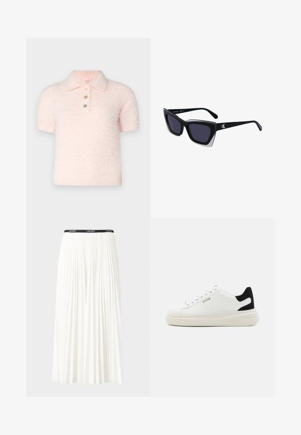 Šviesiai rožinė trumpomis rankovėmis polo megztinis su puriu paviršiumi, turintis apykaklę ir tris mygtukus su įvairiomis spalvomis.; Pleated balta sijonas su juodu elastiniu juosmeniu, ant kurio yra "LACOSTE" logotipas. Vidutinio ilgio dizainas su švelnia tekstūra.; Baltos odinės sportbačiai su storu baltu padu, juodu nubuko kulno akcentu ir iškilmingu logotipu šone. Su raišteliais, turinčiais šešis akinius.; Juodos didelės saulės akinių su geometrine forma, turinčiais tamsius objektyvus ir kontrastingą pilką detalę ant rėmelio. Logotipas ant šalon.