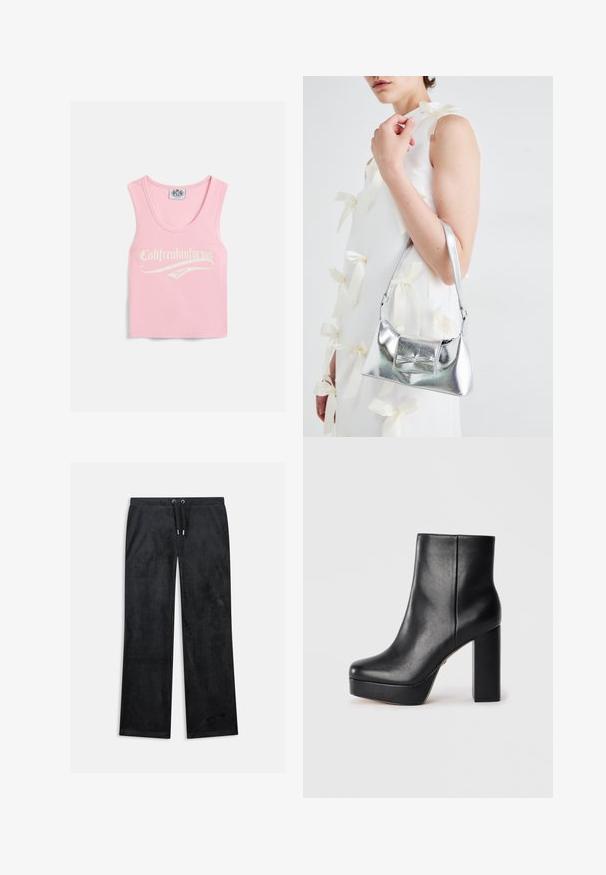 Roosa soonikuga linane t-särk ümmarguse kaelusega, mille ees on valged kirjad "Califreakinfornia Juicy".; Mustad veluurtaskud kitsaste lõikega, millel on paelaga vöökoht ja läikiv "Juicy Couture" teksti detail külgedel.; Must musta platvormiga pahkluudega saapad nelinurkse varbaga ja paksu kõrge plokknina, kujutatud küljelt valge tausta ees.; Hõbedane metallik käekott struktureeritud kujuga, millel on ülemine sang ja ettepoole suunatud paeladetail. Sile tekstuur, peegeldav viimistlus.