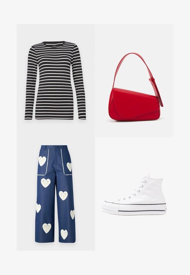 Top negru cu mânecă lungă, cu dungi orizontale albe, guler rotund și design ajustat. Fabricat dintr-un material moale, cu o textură netedă.; Sister Jane HEART TO HEART - Blugi drepți - blue denim; Adidași albi tip pantofi sport cu glezna din pânză, cu talpă din cauciuc negru, capac de vârf din cauciuc frontal și șase ochiuri pentru șireturi, având un design curat și minimalist.; Geantă de mână din piele roșie, cu un design unghiular și geometric. Dispune de o singură curea ajustabilă și un sistem de închidere cu clapetă, cu detalii cusute.