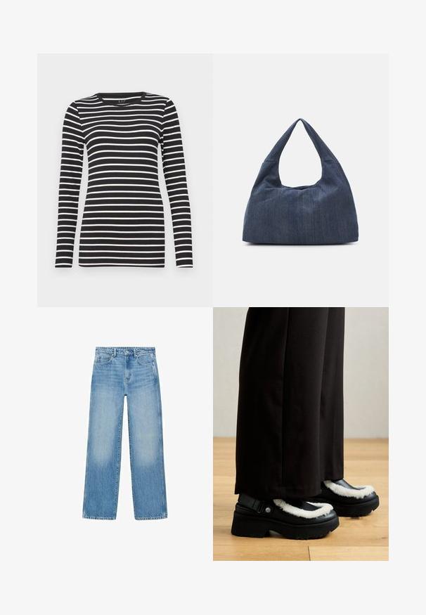 Musta pitkähihaisen paita, jossa on vaakasuoria valkoisia raitoja, pyöreä kaula-aukko ja tiukka muotoilu. Valmistettu pehmeästä kankaasta, jossa on sileä pinta.; Vaaleansiniset farkut suoran leikkauksen, viiden taskun suunnittelun ja lievällä haalistumisella. Vyötäröllä on nappi- ja vetoketjukiinnitys.; Mustat platofom-kengät, joissa on valkoinen karvatrimmaus, pyöreä kärki ja metallinappi strapissa. Käytetään mustien housujen kanssa puulattialla.; Tumma sininen denimi laukku, jossa on pehmeä ja löysä muoto, hobo-tyylinen kahva ja teksturoitu pinta. Ei näkyviä metalliosia.