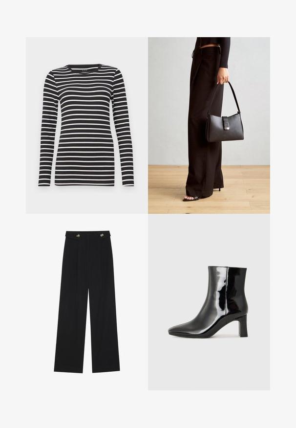 Juodas ilgomis rankovėmis marškinėlis su horizontaliomis baltomis juostelėmis, apvaliu kaklu ir prisistatymo dizainu. Pagamintas iš minkštos medžiagos su lygiu paviršiumi.; Juodi plačios kojos kelnės su aukštu liemeniu, sagų detalėmis ant liemens ir priekinėmis raukšlėmis.; Juodos lakuotos odinės aulinukės su smailiu pirštu ir vidutinio aukščio blokuotu kulnu. Lygus paviršius ir minimalistinis dizainas.; Juodas rankinė struktūrizuota forma, lygi tekstūra ir metalinis užsegimas. Suporuota su plačiomis juodomis kelnėmis ir atvirais bateliais ant medinių grindų.