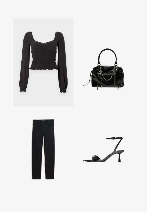 Fekete, hosszú ujjú felső négyzet alakú nyakkivágással, smockolt textúrával és csipke díszítéssel. A fodros szegély és mandzsetta egy feszes fazont mutat.; Fekete farmernadrág egyenes szárú fazonnal, öt zsebbel, fémből készült gombzárral és diszkrét varrási részletekkel. Sima textura.; Bershka Magas sarkú szandálok - black; Bershka WITH CHAIN - Kézitáska - black