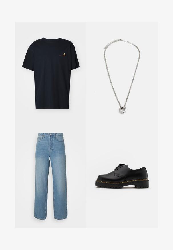 Carhartt WIP AMERICAN SCRIPT - T-shirt basic - air force blue; Hoge taille lichtblauwe denim jeans met rechte pijpen, sluiting met een knoop aan de voorkant en vijf zakken, op een effen achtergrond.; Zwarte leren veterschoen met een ronde neus, getextureerde rubberen zool en gele stiksels rond de basis. Plat ontwerp en een gladde afwerking.; Zilverkleurige metalen ketting met een gedraaide schakeldesign en een ronde hanger met een gepolijste afwerking.