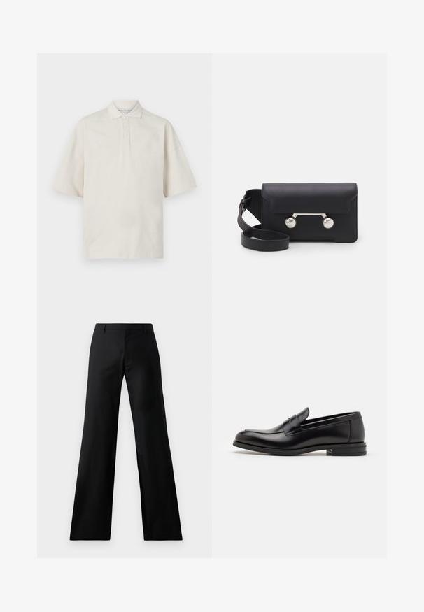Beżowa koszulka polo z krótkim rękawem, z kołnierzykiem, trzema guzikami z przodu i miękką fakturą. Posiada luźny, prostokątny krój.; Czarne szerokie spodnie wykonane z gładkiego materiału. Posiadają średnio osadzony pas i fałdy z przodu, co zapewnia dopasowany krój.; Czarne skórzane mokasyny o gładkiej fakturze, zaokrąglonym nosku i dekoracyjnym pasku na przodzie. Niski, warstwowy obcas, minimalistyczny design.; Czarna skórzana torba na ramię z klapką, z metalowymi elementami w srebrnym kolorze i dwoma okrągłymi akcentami. Posiada odczepiany pasek. Gładka faktura.