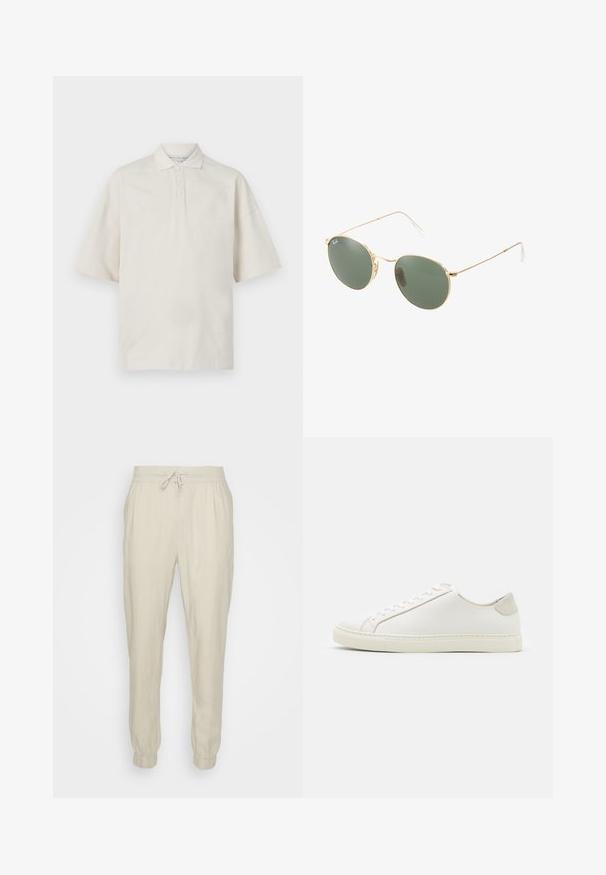 Beige polo skjorte med korte ærmer, krave, tre frontknapper og en blød tekstur. Har en afslappet, boxy pasform.; Beige linned joggers med elastisk talje og justerbar snøre, med elastiske manchetter og en afslappet pasform. Glat tekstur.; Hvide lædersneakers med en glat overflade, rund tå og minimalistisk design. Funktioner i beige nuancer på hælen og en gummisål.; Gul metalrammede solbriller med grønne linser, rund form, tynde stænger og hvide plastdetaljer på spidserne af armene.
