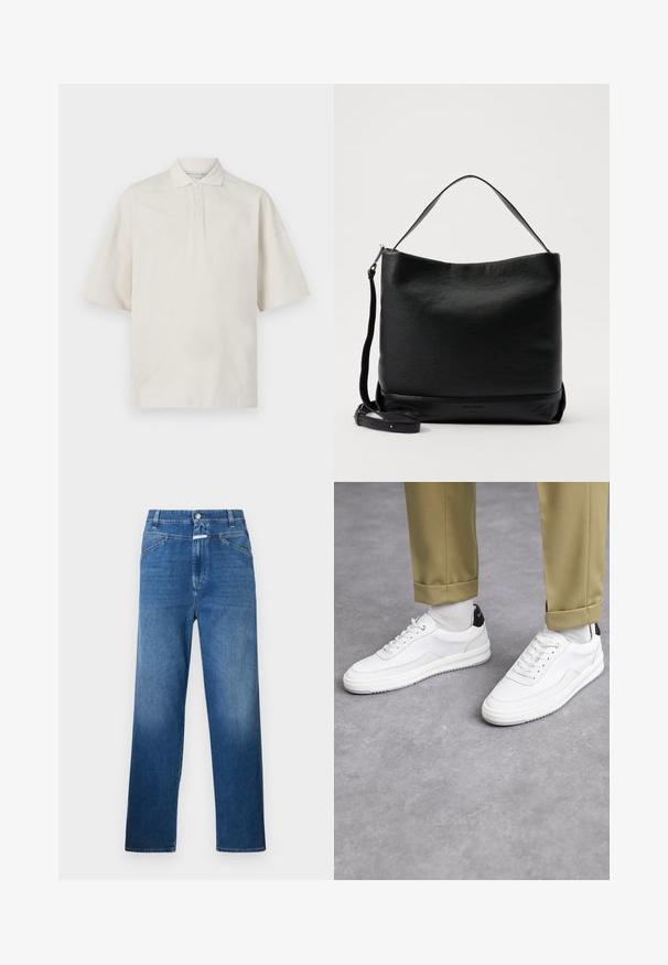 Béžové polo tričko s krátkými rukávy, límečkem, třemi předními knoflíky a jemnou texturou. Má uvolněný, široký střih.; Modré džínové kalhoty s rovnými nohavicemi, vybavené zapínáním na knoflík, poutky na opasek a jemným vyšisováním na stehnech.; Bílé tenisky s texturovaným koženým povrchem, zaoblenou špičkou a černým akcentem na patě. Gumová podrážka s malým vzorem a šitými detaily.; Černá kožená kabelka přes rameno s texturovaným povrchem, zakřiveným vrchem a odnímatelným popruhem. Disponuje jednoduchým designem s minimálním množstvím kovových doplňků.