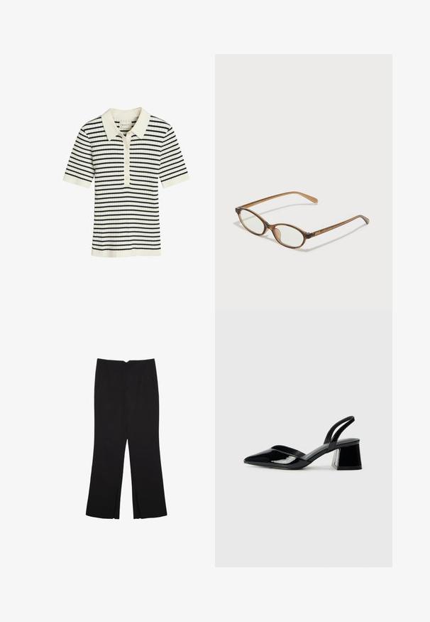 Gestreiftes Polohemd in Creme und Marineblau, gerippte Textur, kurze Ärmel, Knopfleiste und klassischer Kragen.; Schwarze Hose mit geradem Schnitt, ausgestattet mit Fronttaschen und Seitenschlitzen am Saum. Hergestellt aus weichem, glattem Stoff. Geeignet für verschiedene Anlässe.; Schwarze Lackleder-Slingback-High Heels mit spitzem Schuh und einem geometrischen Blockabsatz. Verfügt über ein schlankes, minimalistisches Design und eine glatte Textur.; Braune Schildpatt-Brille mit ovalen Gläsern, dünnen Bügeln und transparenten Akzenten. Verfügt über ein dezentes Logo am Bügel. Elegantes, leichtes Design.