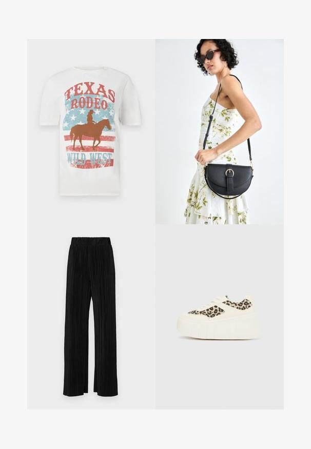 White cotton t-shirt featuring a cowboy on a horse, with a red and blue "Texas Rodeo Wild West" graphic, distressed texture and star background.; Black pleated trousers with an elastic waistband. Features wide legs and a smooth, textured fabric with vertical stripes.; White platform sneakers with a smooth leather upper featuring a leopard print side panel and textured rubber sole.; Black leather handbag with a curved shape, detachable strap, and gold hardware. The bag features a flap with a buckle detail.