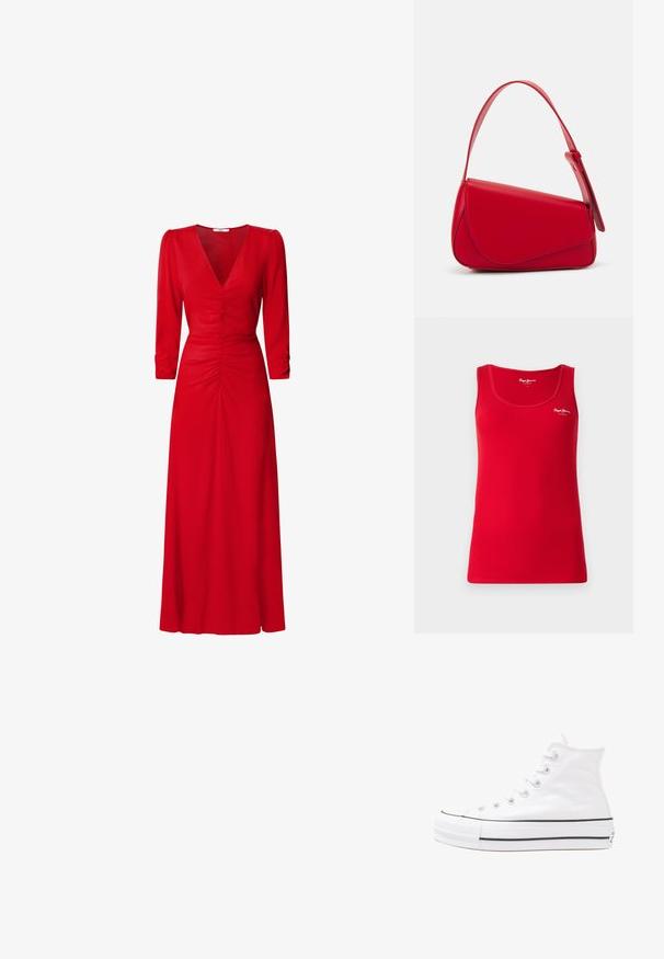 Crvena rebrasta majica bez rukava s okruglim izrezom i uskim naramenicama. Ima bijeli logo na prsima, izrađena je od rastezljivog, mekanog materijala.; Crvena haljina s V-izrezom, rukavima do tri četvrtine i nabranim detaljima u struku i na leđima. Tkanina izgleda glatko i lagano.; Bijela visoka platnena tenisica s crnom gumenom potplatom, prednjim gumenim zaštitnikom prstiju i šest rupa za vezanje, s čistim, minimalističkim dizajnom.; Crvena kožna torba s kutnim, geometrijskim dizajnom. Ima jedan podesivi remen i preklopni zatvarač sa šivenim detaljima.