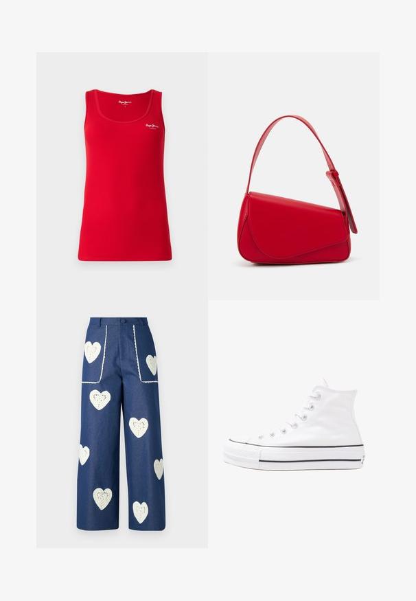 Rotes, geripptes Tanktop mit rundem Ausschnitt und schmalen Trägern. Mit einem weißen Logo auf der Brust, hergestellt aus einem dehnbaren, weichen Stoff.; Sister Jane HEART TO HEART - Jeans Straight Leg - blue denim; Weiße hochwertige Leinensneaker mit schwarzer Gummisohle, vorderem Gummizehenschutz und sechs Ösen für Schnürsenkel, die ein sauberes, minimalistisches Design aufweisen.; Rote Lederhandtasche mit einem kantigen, geometrischen Design. Verfügt über einen verstellbaren Schulterriemen und einen Klappenverschluss mit genähten Details.