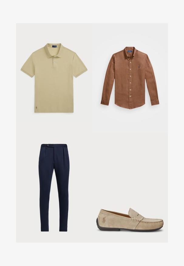 Beżowa koszulka polo, krótki rękaw, materiał bawełniany, zapięcie na trzy guziki, ściągacz przy kołnierzyku, haftowane logo w lewym dolnym rogu.; Brązowa koszula z długim rękawem zapinana na guziki, wykonana z lnu, z klasycznym kołnierzykiem, guzikami z przodu oraz małym niebieskim logo na piersi.; Granatowe eleganckie spodnie z płaskim przodem, dwoma fałdami z przodu i pojedynczym zapięciem na guzik, wykonane z gładkiego, teksturowanego materiału.; Beżowe zamszowe loafersy z przeszyciem, płaską gumową podeszwą i małym logo po boku. Klasyczny model wsuwany, miękka faktura.