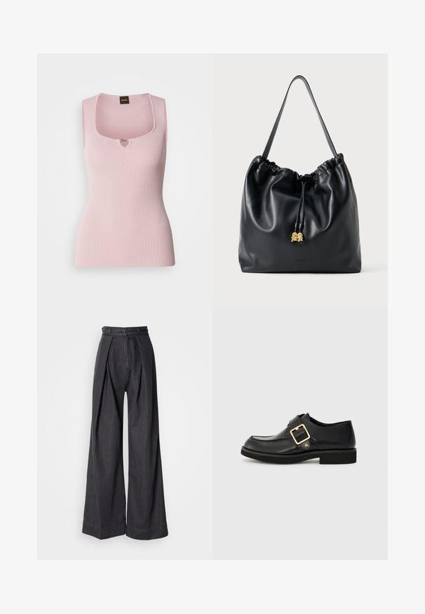 Rosa ribbad linne med fyrkantig halsringning, ärmlös design, texturerad tyg och liten dekorativ logotyp i mitten.; Bredbeniga svarta denimbyxor med hög midja, med framveck och en klassisk dragkedja. Knivskarp, slät textur med en ren finish.; Svart lädersko med rund tå, utrustad med ett guldspänne och en platt gummisula. Slät yta med subtila sömdetaljer.; Svart läderdragstringväska med en slät yta, samlad topp och subtila guldfärger. Har ett enda robust handtag och präglad logotyp.; Silvriga hoopörhängen med en polerad yta och DKNY-logotyp, visade mot en enfärgad vit bakgrund.