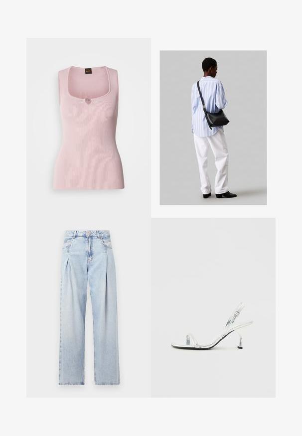 Ροζ ριγέ αμάνικη μπλούζα με τετράγωνη λαιμόκοψη, σχεδίαση χωρίς μανίκια, υφή υφάσματος και μικρό διακοσμητικό λογότυπο στο κέντρο.; Ανοιχτό μπλε τζιν παντελόνι με ψηλή μέση, φαρδιά γραμμή, δύο πλαϊνές τσέπες και σχέδιο με πτυχώσεις. Μαλακή υφή με ξεθωριασμένο φινίρισμα.; Ασημένιο λουστρίνι ψηλοτάκουνο σανδάλι με λουράκι στο τακούνι, στενό λουρί για τα δάχτυλα, ρυθμιζόμενο κούμπωμα και λεπτό τακούνι.; Μαύρη δερμάτινη τσάντα ώμου με απαλή υφή, τριγωνικό σχήμα και ρυθμιζόμενο λουρί, συνδυασμένη με ένα ανοιχτό μπλε ριγέ πουκάμισο και λευκό παντελόνι.