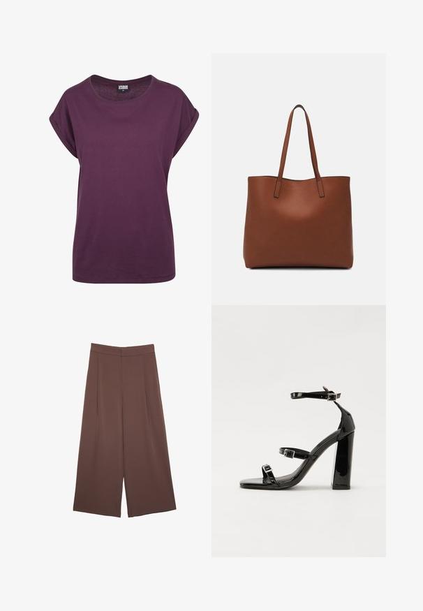 T-shirt in cotone viola, vestibilità ampia, scollatura rotonda, maniche corte arrotolate e orlo dritto. Design minimalista senza motivi o dettagli visibili.; Pantaloni ampi marroni con una texture liscia, caratterizzati da una vita alta e pieghe frontali. Il tessuto è leggero e scorre liberamente.; Sandali con tacco in vernice nera, con punta squadrata, cinturini alla caviglia e fibbie in argento. Presentano un tacco a blocco spesso per maggiore stabilità.; Borsa tote in pelle marrone con texture liscia, design con apertura superiore e due spallacci. Presenta cuciture minime e nessun hardware visibile.