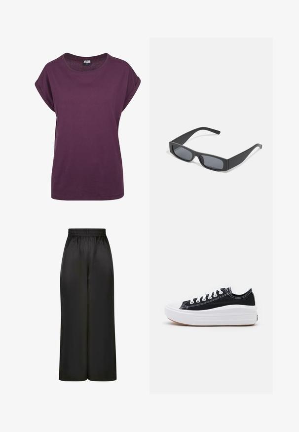 Violet medvilninis marškinėliai, laisvas kirpimas, apvalus iškirpimas, suktos trumpos rankovės ir tiesus užlenkimas. Minimalistinis dizainas be matomų raštų ar akcentų.; Juodos plačios kelnės, pagamintos iš lygaus, blizgaus audinio, su elastinga juosmens juosta ir be matomų kišenių ar aparatūros detalių.; Juodi drobės sportbačiai su baltais raišteliais, balta guma ant pirštų ir masyvi balta vidurine dalimi. Yra subtilių baltų siūlių ir guminis padas.; Juodos stačiakampės saulės akinių su tamsiais lęšiais ir storais matiniais rėmeliais. Rėmelio kojos šiek tiek siaurėja ir turi lygią tekstūrą.