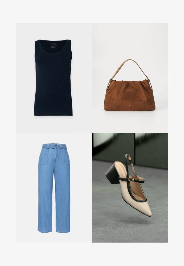 Marineblå bomulls tanktop med rund hals, ermeløs design og rett nederkant. Glatt tekstur og minimalistisk stil. Størrelse merket.; Lyseblå denimbukser med vide ben og belte i livet, to frontlommer og en ensfarget tekstur. Har et minimalistisk design og rene linjer.; Beige spiss tå slingback sko med svart kant, gullspenne og tykk blokkheel på grått gulv med mørkegrønn bakgrunn.; Brun semsket håndveske med en samlet design, som har en enkelt tan lærrem og en subtil gull logo detalj på forsiden.