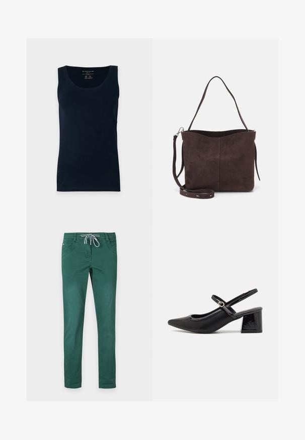 Jūrinės mėlynos medvilnės be rankovių marškiniai su apvaliu iškirpimu, tiesia apačia. Sklandi tekstūra ir minimalistinis stilius. Nurodyta dydis.; Žalios medvilnės mišinio kelnės su tiesiu siluetu, su raišteliu reguliuojama liemeniu ir dviem priekinių kišenių. Lygi tekstūra ir be raštų.; Juodi patentinio odos slingback aukštakulniai su smailiu pirštu, apvaliu išpjovimu ir blokiniu kulnu. Papuošti auksiniu juostos akcentu.; Ruda suede audinė su minkšta tekstūra, turinti vieną petį ir subtilų kreivinį viršutinį atidarymą. Matomų metalinių detalių nėra.