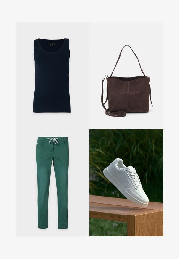 Top in cotone blu navy senza maniche, con scollatura rotonda e orlo dritto. Texture liscia e stile minimalista. Taglia etichettata.; Pantaloni in misto cotone verde con design a gamba dritta, vita con cordoncino e due tasche frontali. Tessuto liscio e senza fantasie.; Sneaker bianco con tomaia in sintetico liscio, punta perforata, lacci piatti e suola testurizzata, esposto su una superficie di legno.; Borsa a spalla in suede marrone con una texture morbida, caratterizzata da una singola tracolla e un'apertura superiore leggermente curvata. Nessun dettaglio hardware visibile.