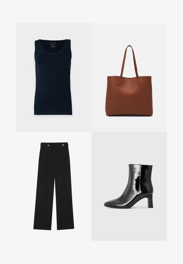 Navy blue cotton tank top with a round neckline, sleeveless design, and straight hem. Smooth texture and minimalistic style. Size labeled.; Black wide-leg trousers with high waist, button details on waistband, and front pleats.; Black patent leather ankle boot with a pointed toe and a mid-height block heel. Smooth texture and minimalist design.; Brown leather tote bag with a smooth texture, open top design, and two shoulder straps. Features minimal stitching and no visible hardware.