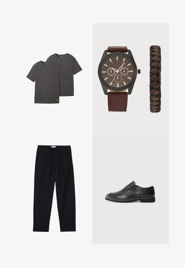 Dos camisetas de manga corta en gris carbón, hechas de una suave mezcla de algodón, con cuello redondo y un pequeño detalle de logo en el dobladillo.; Pier One Pantalones chinos - black; Zapato negro de cuero sin cordones con un upper suave, detalles de costura, punta redonda y un bajo tacón de goma. La suela presenta una tracción mínima.; Pier One SET - Reloj - black/brown
