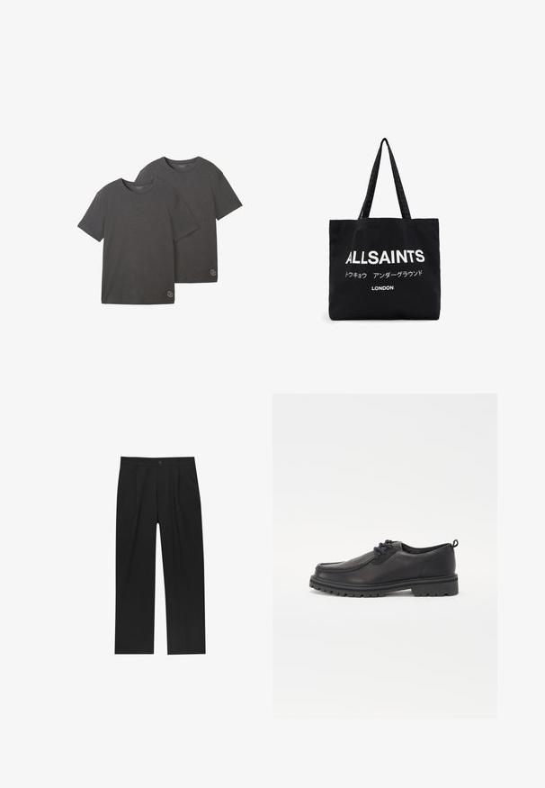 Două tricouri cu mânecă scurtă, de culoare gri cărbune, realizate dintr-un amestec moale de bumbac, având guler rotund și un mic detaliu cu logo la tiv.; Pantaloni negri cu un design drept, fabricați dintr-un material neted. Au plisse în față și un sistem de închidere cu un singur buton la talie.; Pantofi din piele neagră cu vârf rotund, cusături texturate, design cu profil redus și talpă din cauciuc cu adâncimi pentru tracțiune.; Geantă de tote din pânză neagră, cu text alb îndrăzneț "ALLSAINTS" și text mai mic în japoneză, precum și "LONDON" în partea de jos. Două mânere lungi.